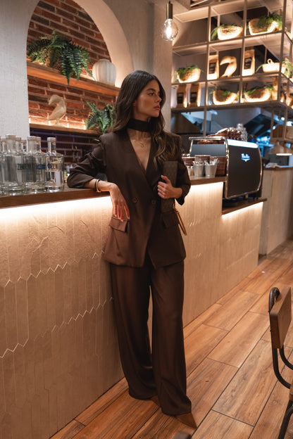 Brown Suit with Tie Detail