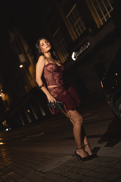 Burgundy Lace Top and Skirt Set