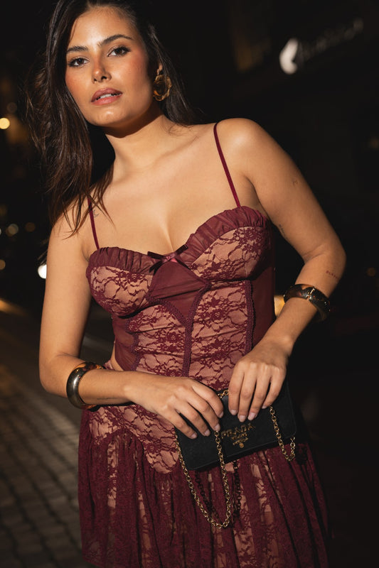 Burgundy Lace Top and Skirt Set
