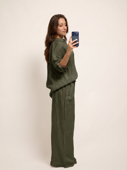 Conjunto de camisa de lino verde militar