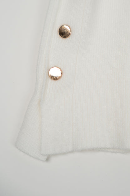White Knit Sweater with Gold Details