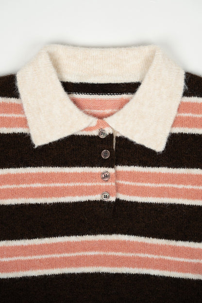 Pink and Chocolate Striped Knit Polo Shirt