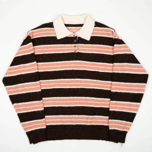 Pink and Chocolate Striped Knit Polo Shirt