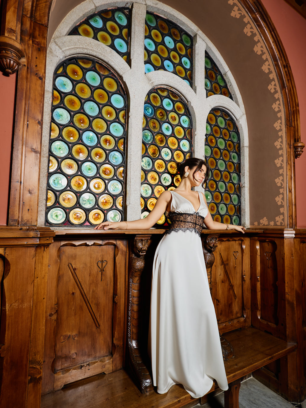 Cream Satin Dress with Lace Detail