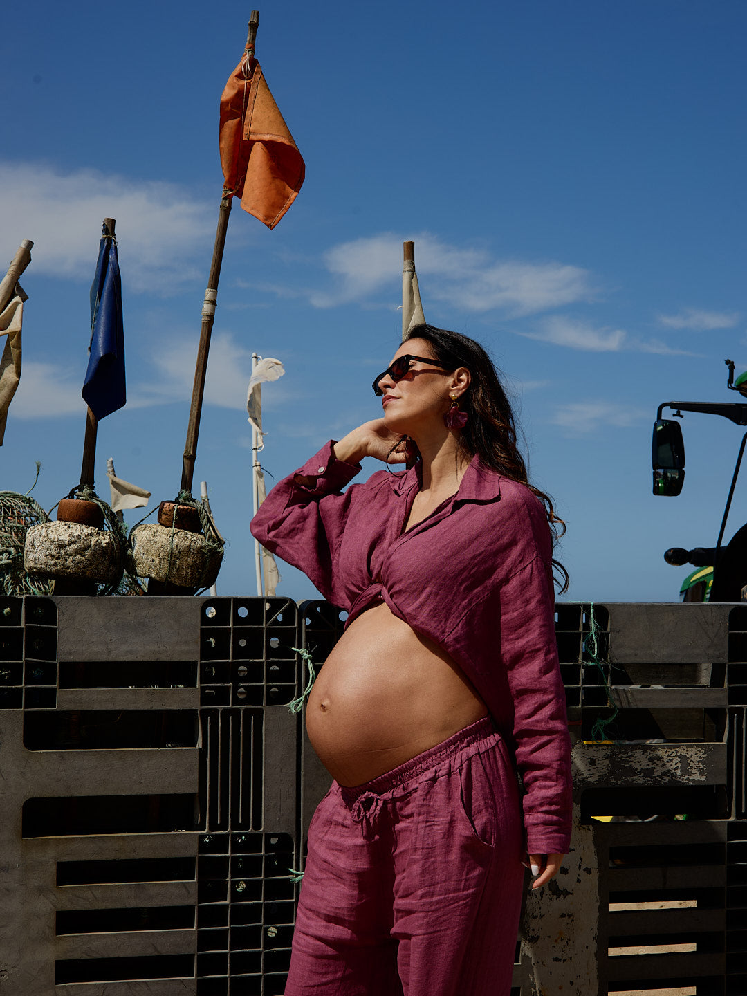 Conjunto Camisa Cropped Nó Linho Beringela