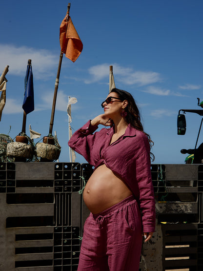 Conjunto Camisa Cropped Nó Linho Beringela