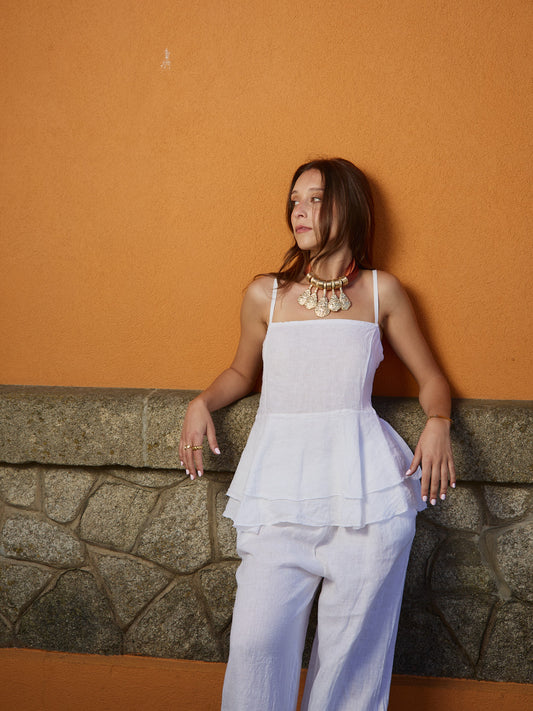 Conjunto Top Folhos Linho Branco