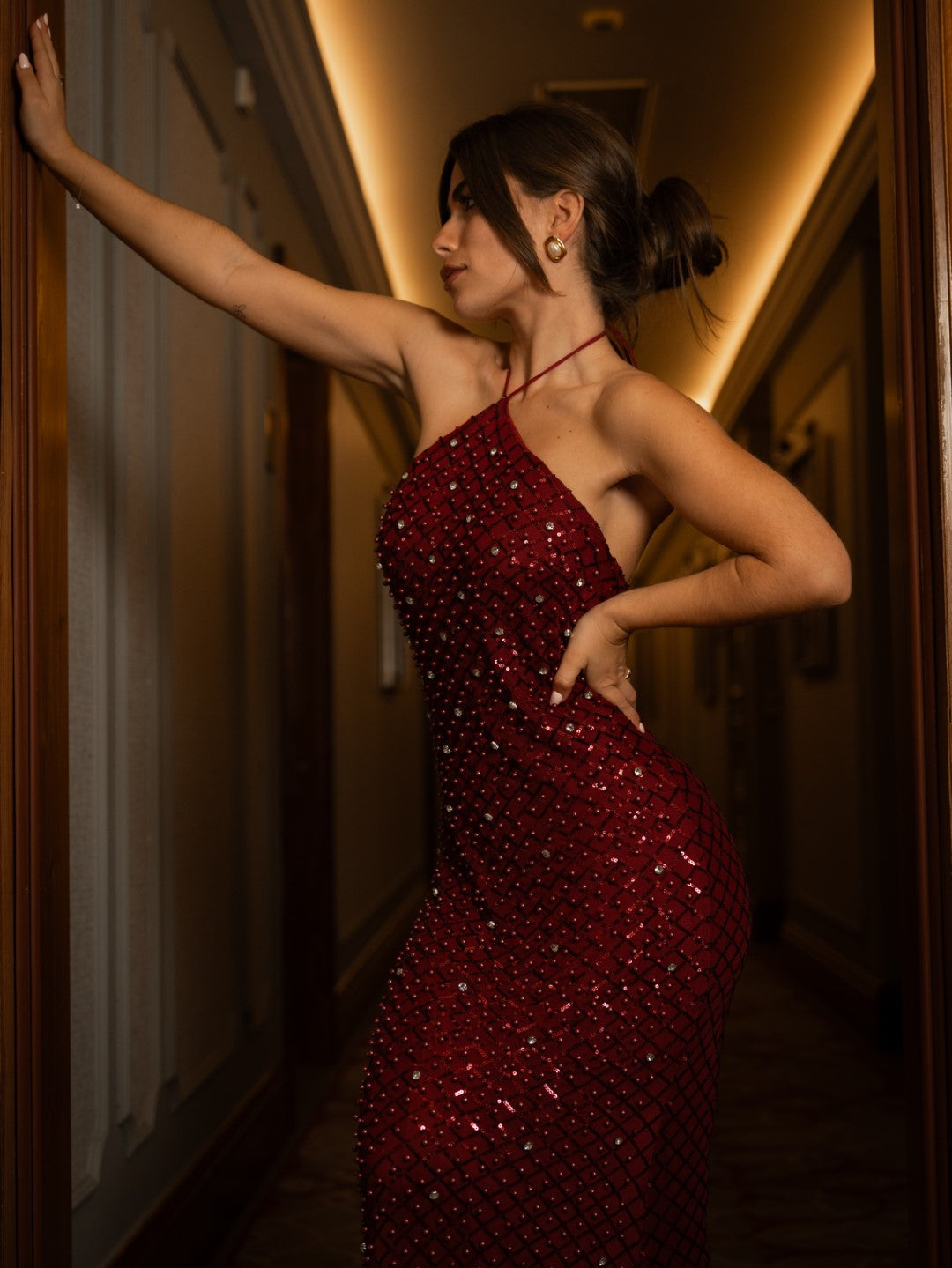 Vestido Comprido Pérolas Bordeaux