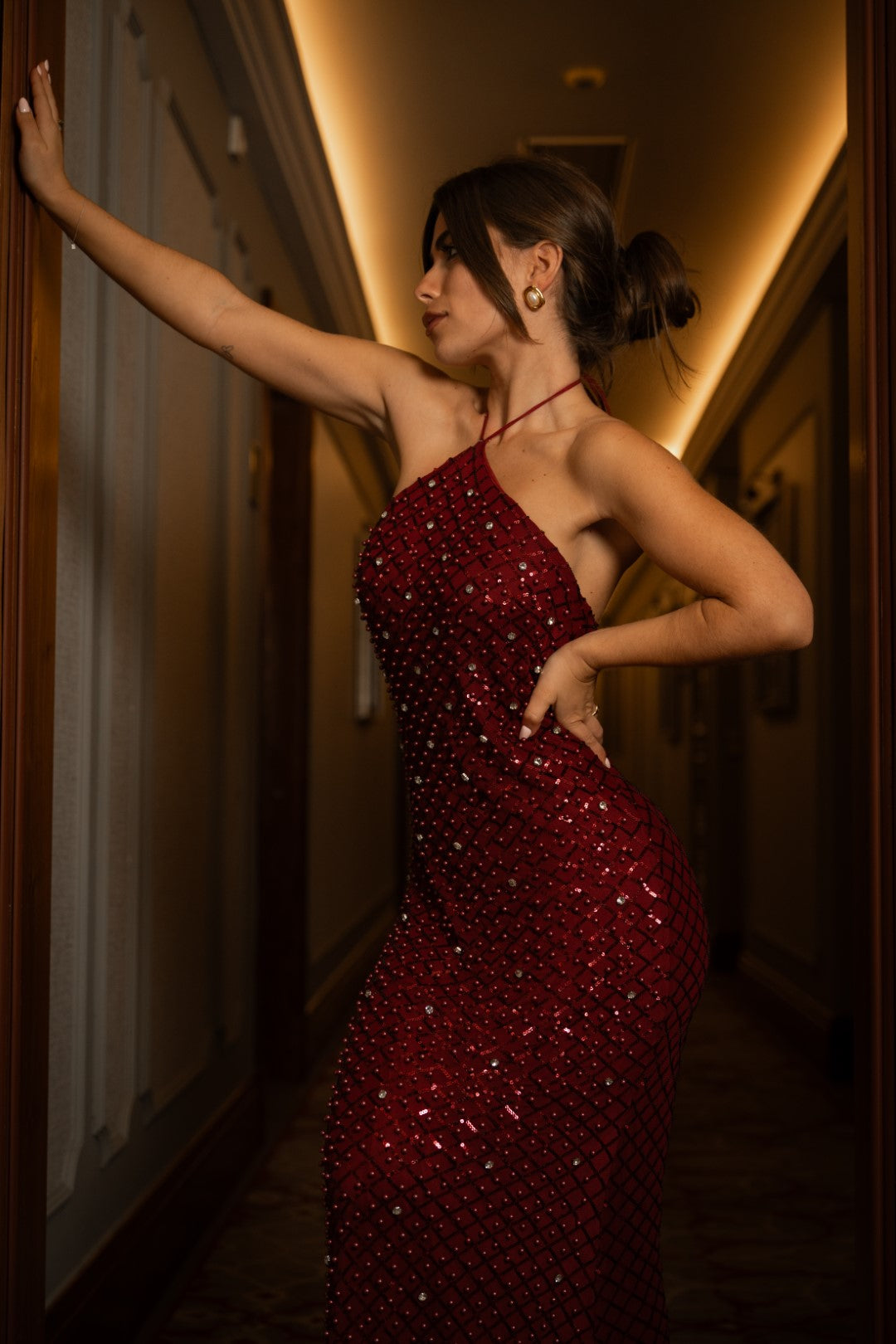 Vestido Comprido Pérolas Bordeaux