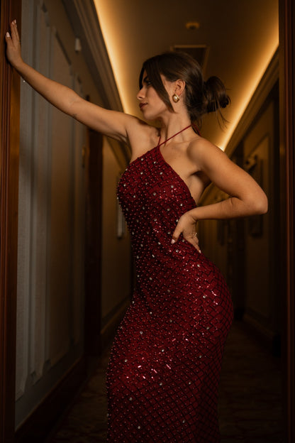 Vestido Comprido Pérolas Bordeaux