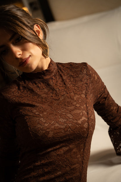 Brown Lace Midi Dress