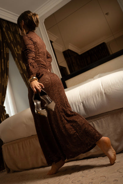 Brown Lace Midi Dress