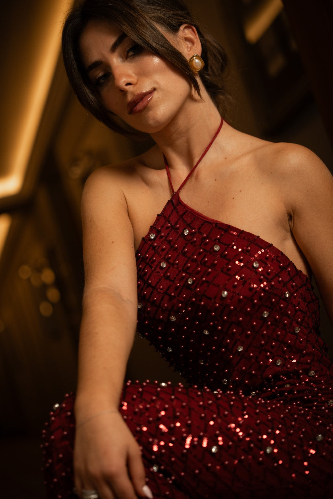 Vestido Comprido Pérolas Bordeaux