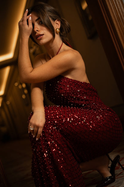 Vestido Comprido Pérolas Bordeaux