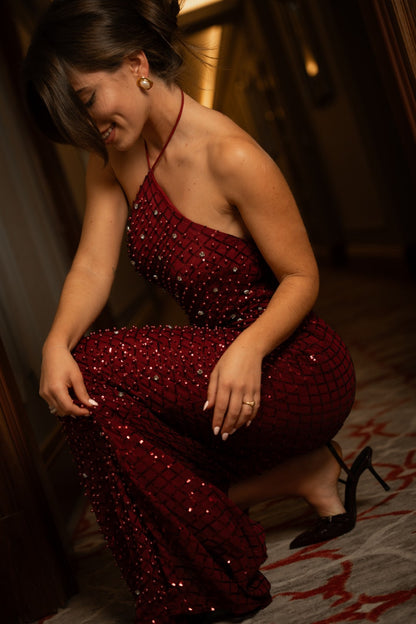 Vestido Comprido Pérolas Bordeaux