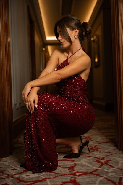 Vestido Comprido Pérolas Bordeaux