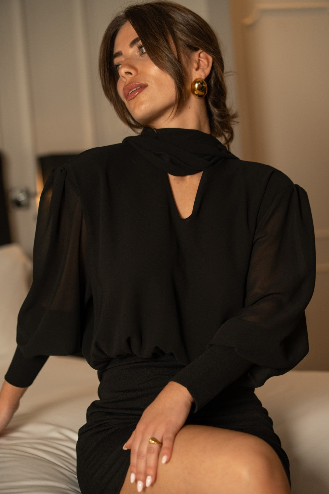 Vestido Costas Drapeadas Preto