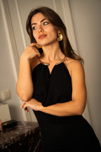 Vestido Comprido Preto c/gargantilha dourada