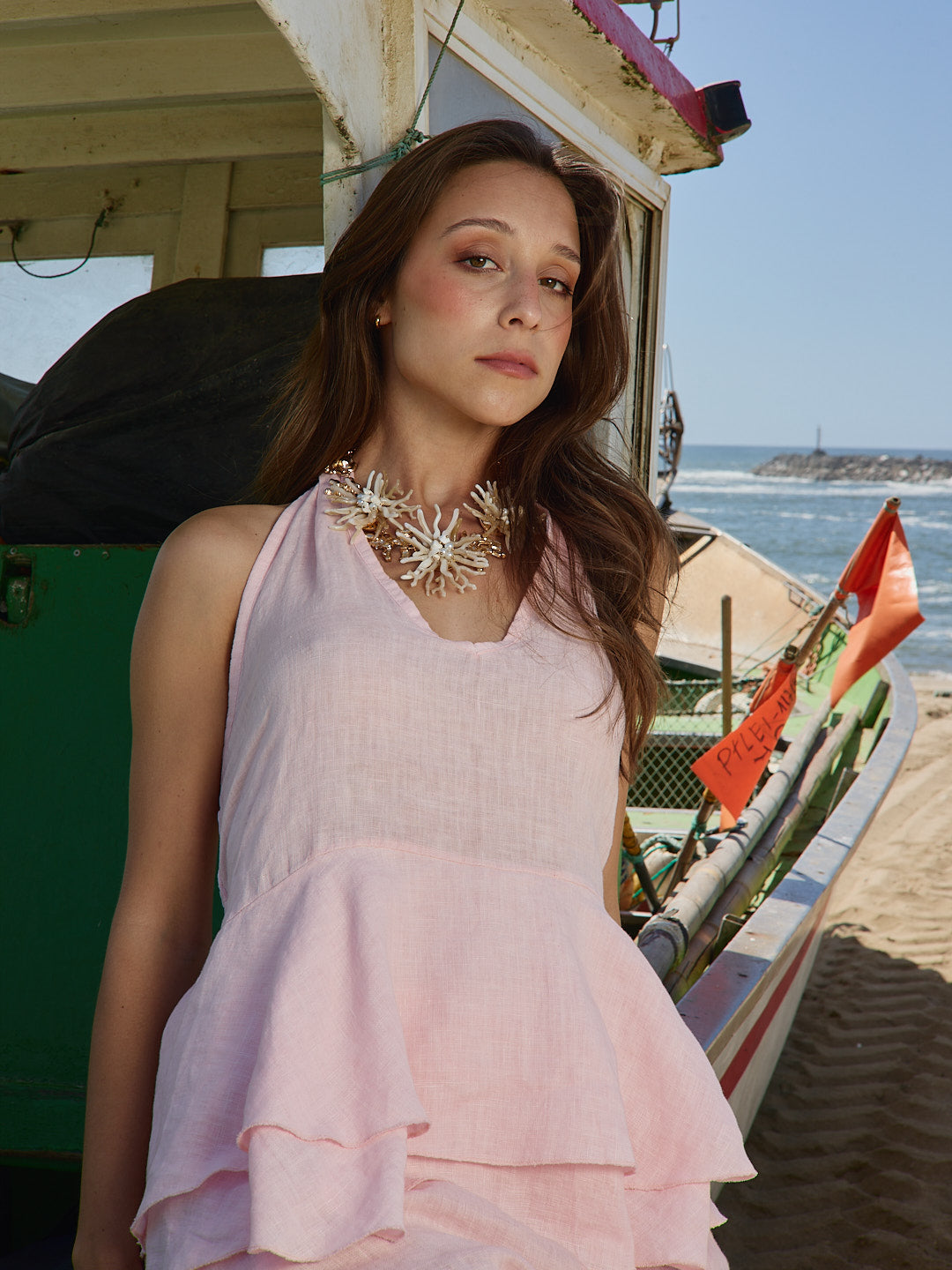 Ensemble haut dos nu en lin rose pastel