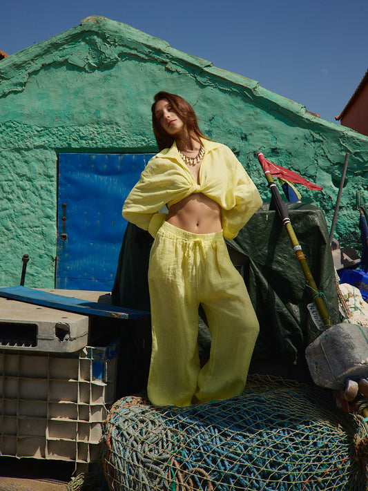 Conjunto Camisa Cropped Nó Linho Amarelo