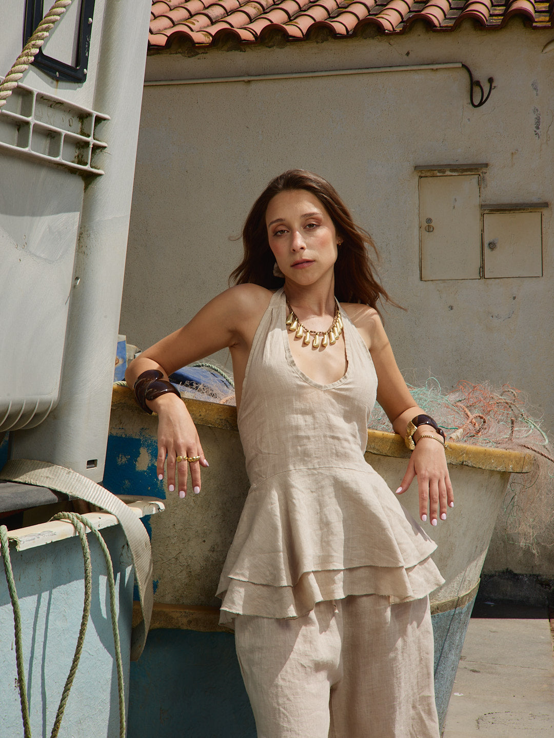 Conjunto Top Open Back Linho Bege