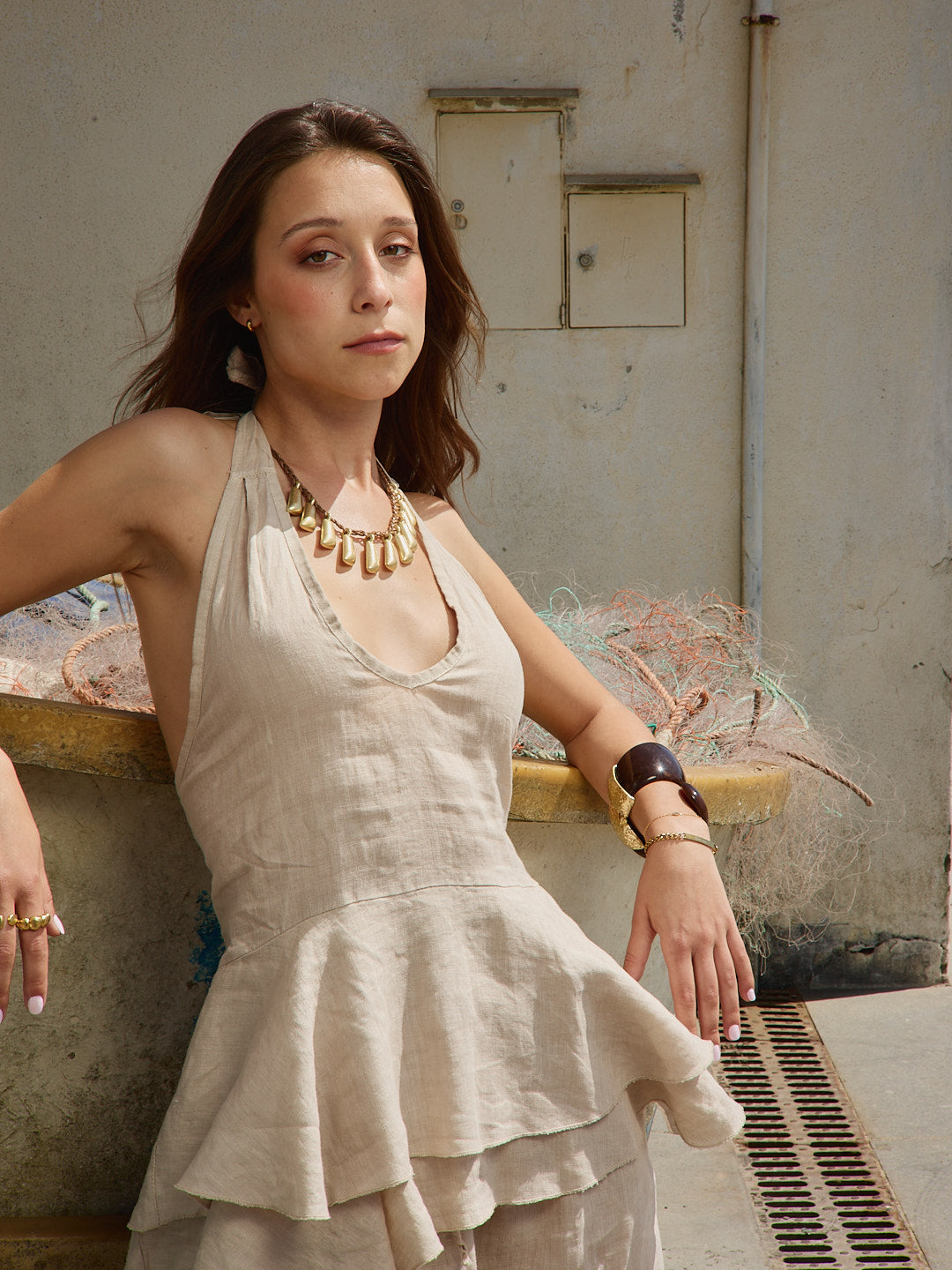 Ensemble haut dos nu en lin beige