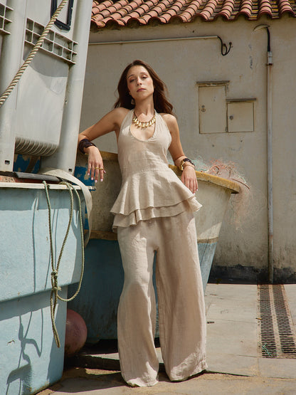 Conjunto Top Open Back Linho Bege