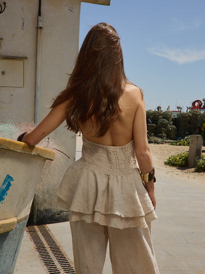 Conjunto Top Open Back Linho Bege