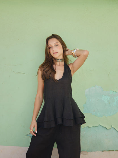 Black Linen Open Back Top Set