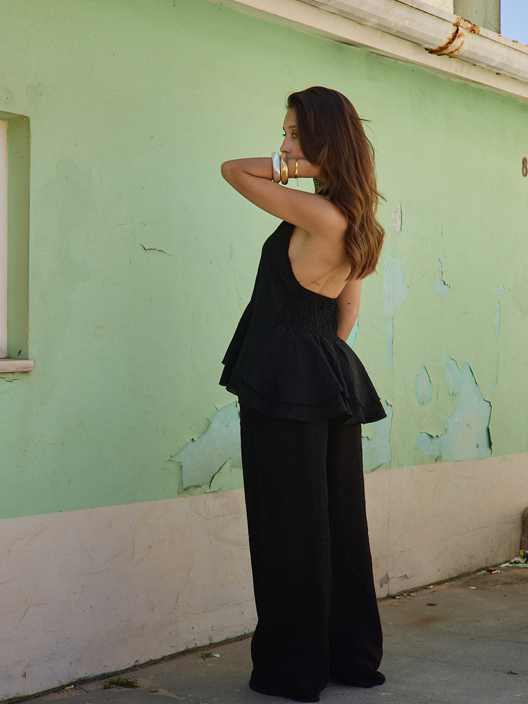 Black Linen Open Back Top Set