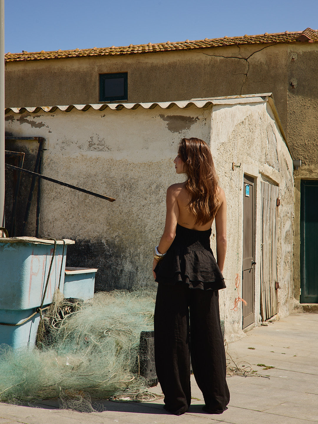 Black Linen Open Back Top Set