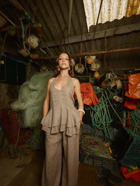 Conjunto Top Open Back Linho Taupe