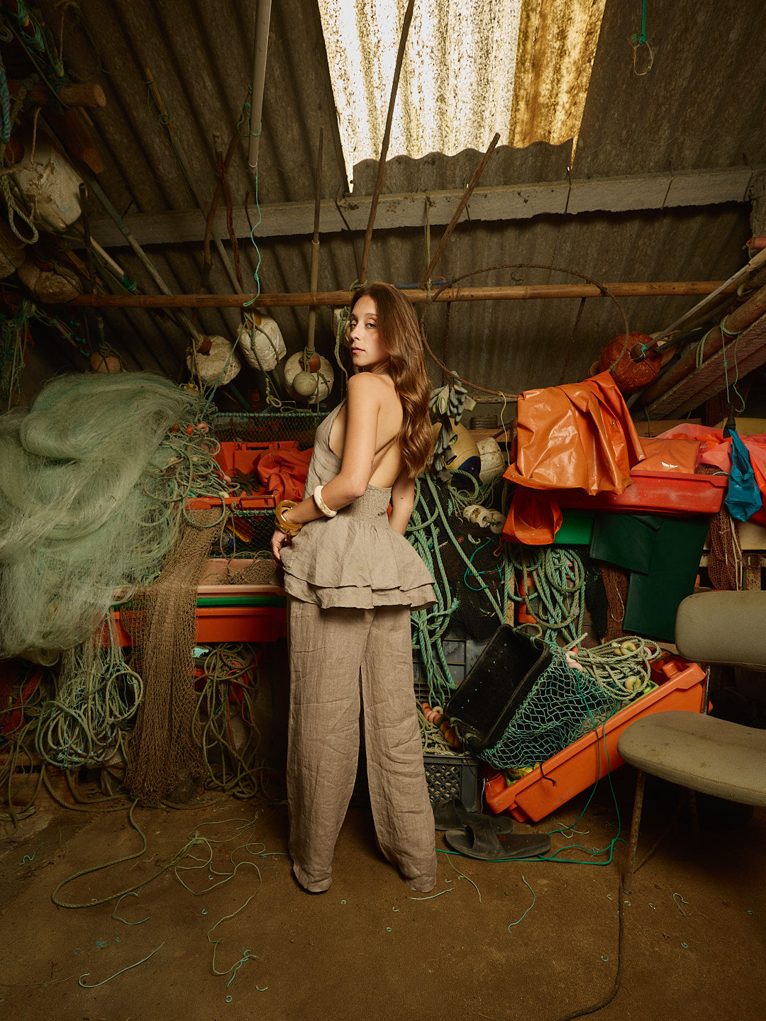 Taupe Linen Open Back Top Set