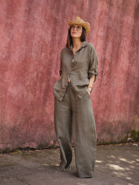 Conjunto Camisa Linho Verde Militar