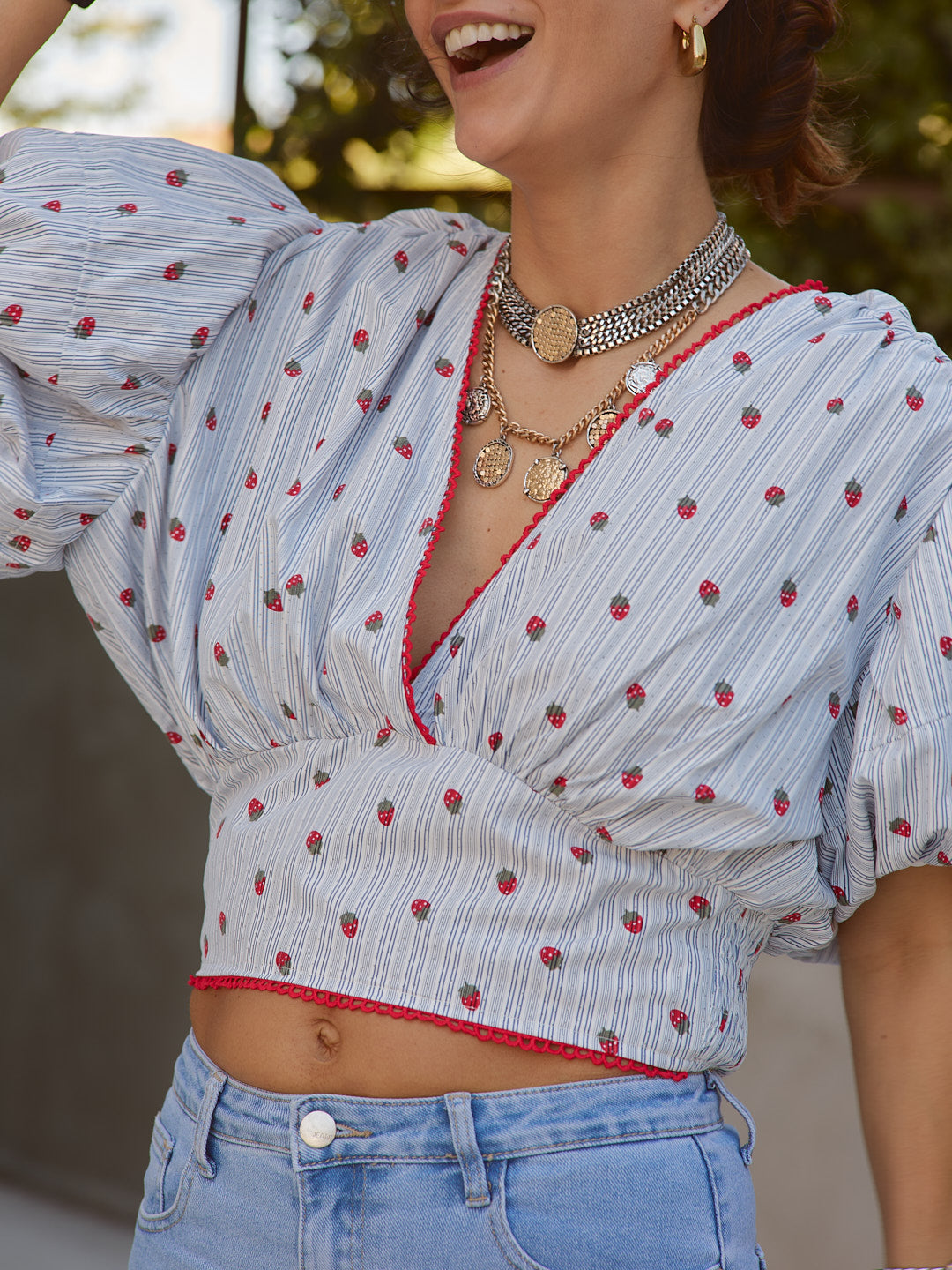 Blusa Manga Balão Morangos