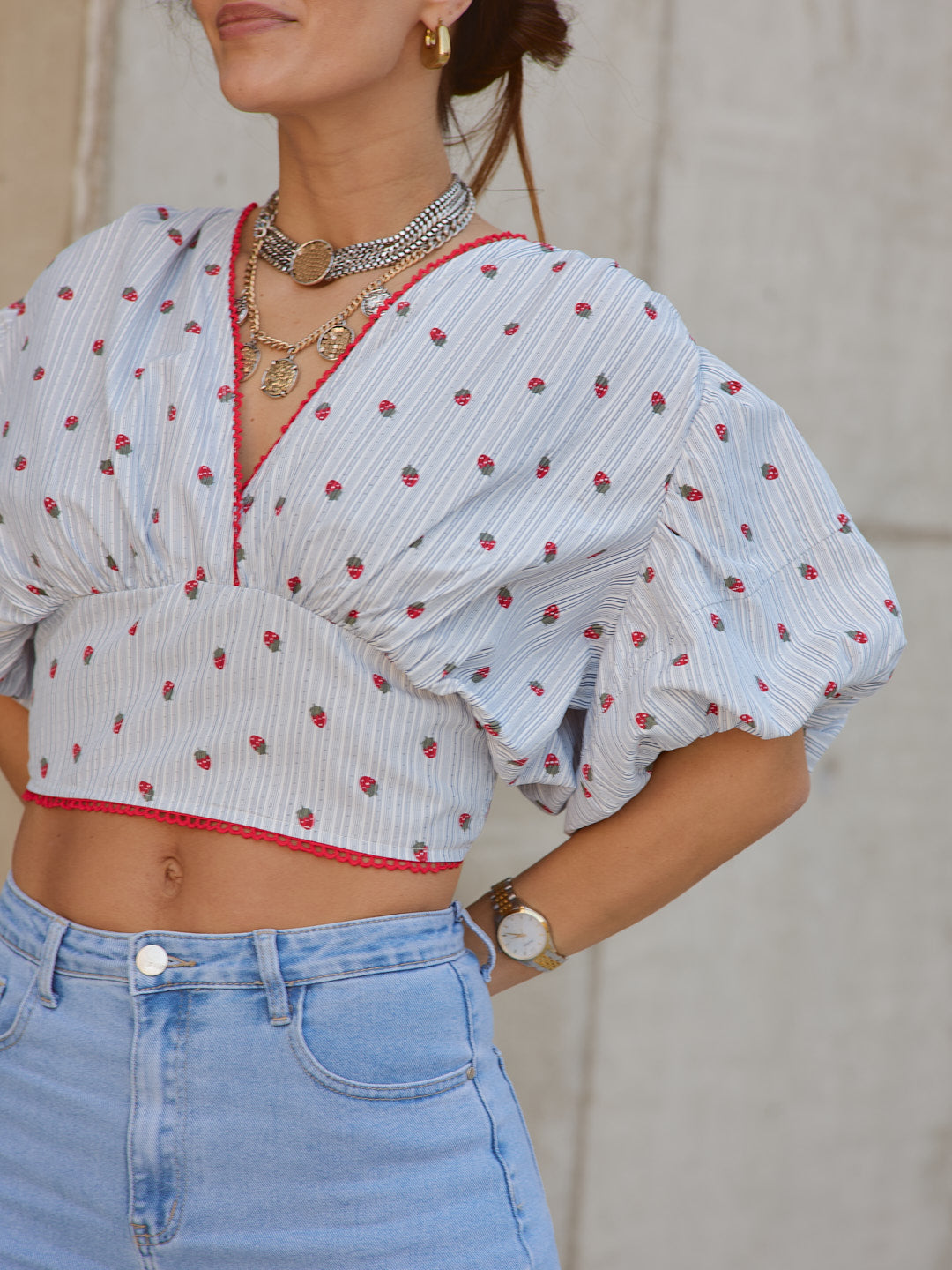 Blusa Manga Balão Morangos