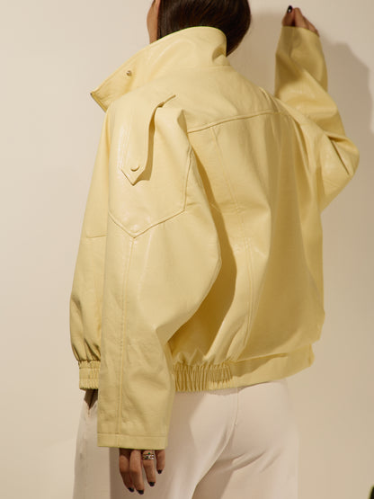 Oversize'owa kurtka ze sztucznej skóry, żółty maślany