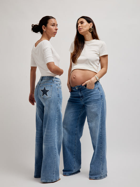 Jeans Wide Leg Estrelas Costuradas