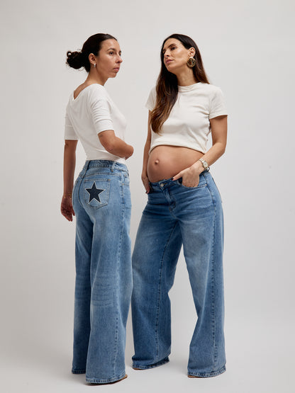 Jeans Wide Leg Estrelas Costuradas