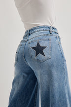 Jeans Wide Leg Estrelas Costuradas
