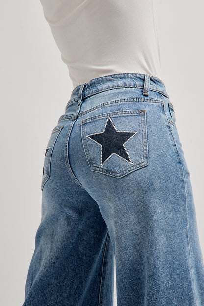 Jeans Wide Leg Estrelas Costuradas