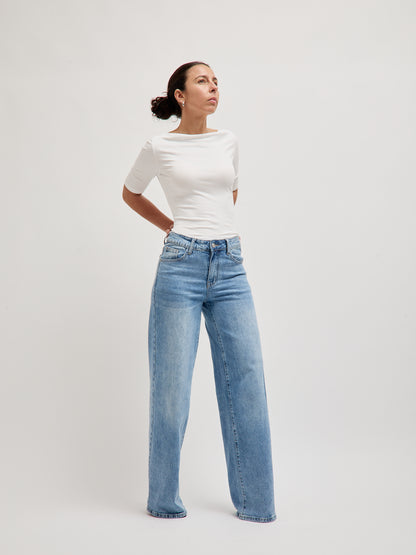 Jeans Wide Leg Estrelas Costuradas