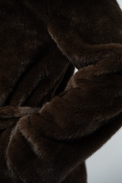 Brown fur coat with hood.