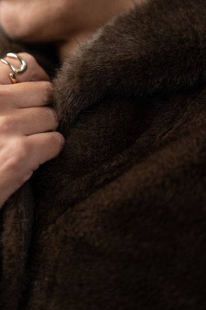 Brown fur coat with hood.