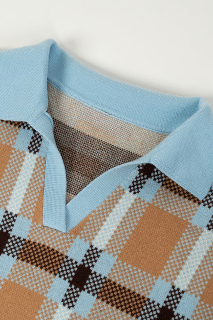 Camisola Malha Xadrez Gola Azul