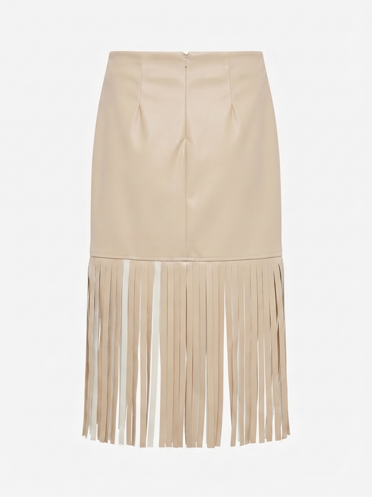 Gonna beige in similpelle con frange