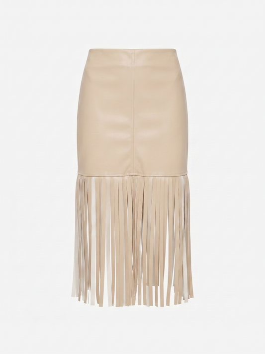 Gonna beige in similpelle con frange