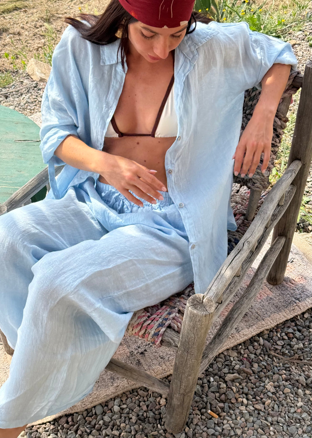 Conjunto Camisa Linho Azul Pastel