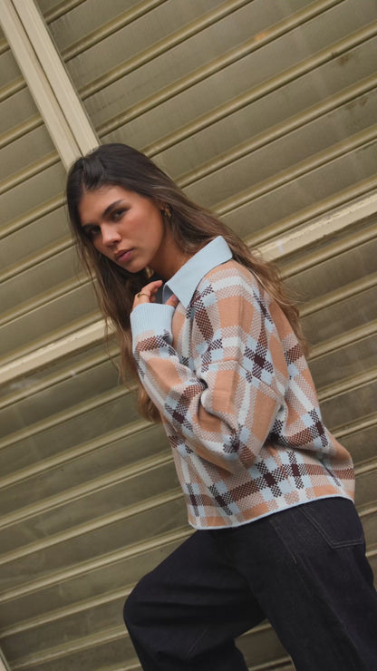 Camisola Malha Xadrez Gola Azul