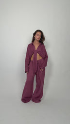 Chemise courte en lin aubergine et ensemble chemise avec nœud